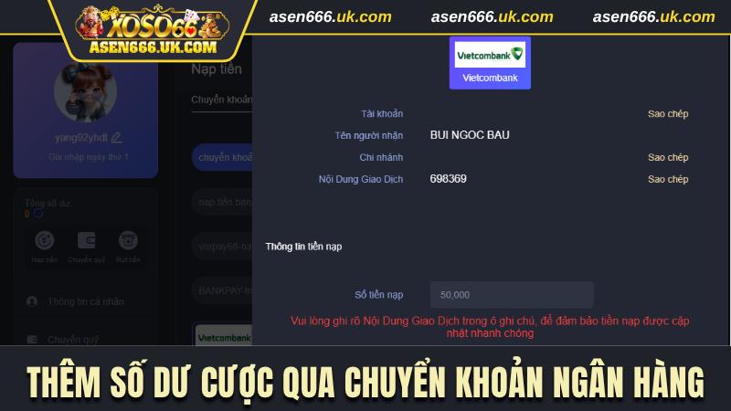 Nạp tiền Xoso66 qua hình thức chuyển khoản 